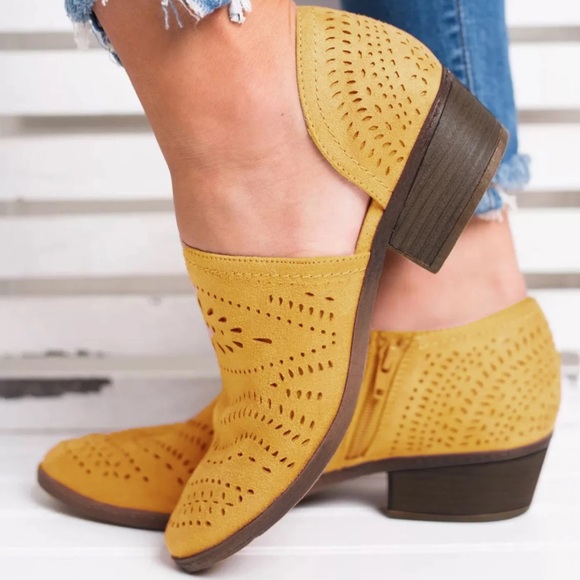 Buckle Shoes - Buckle Not Rated Mustard Yellow Perforated Lazercut ankle cutout Booties